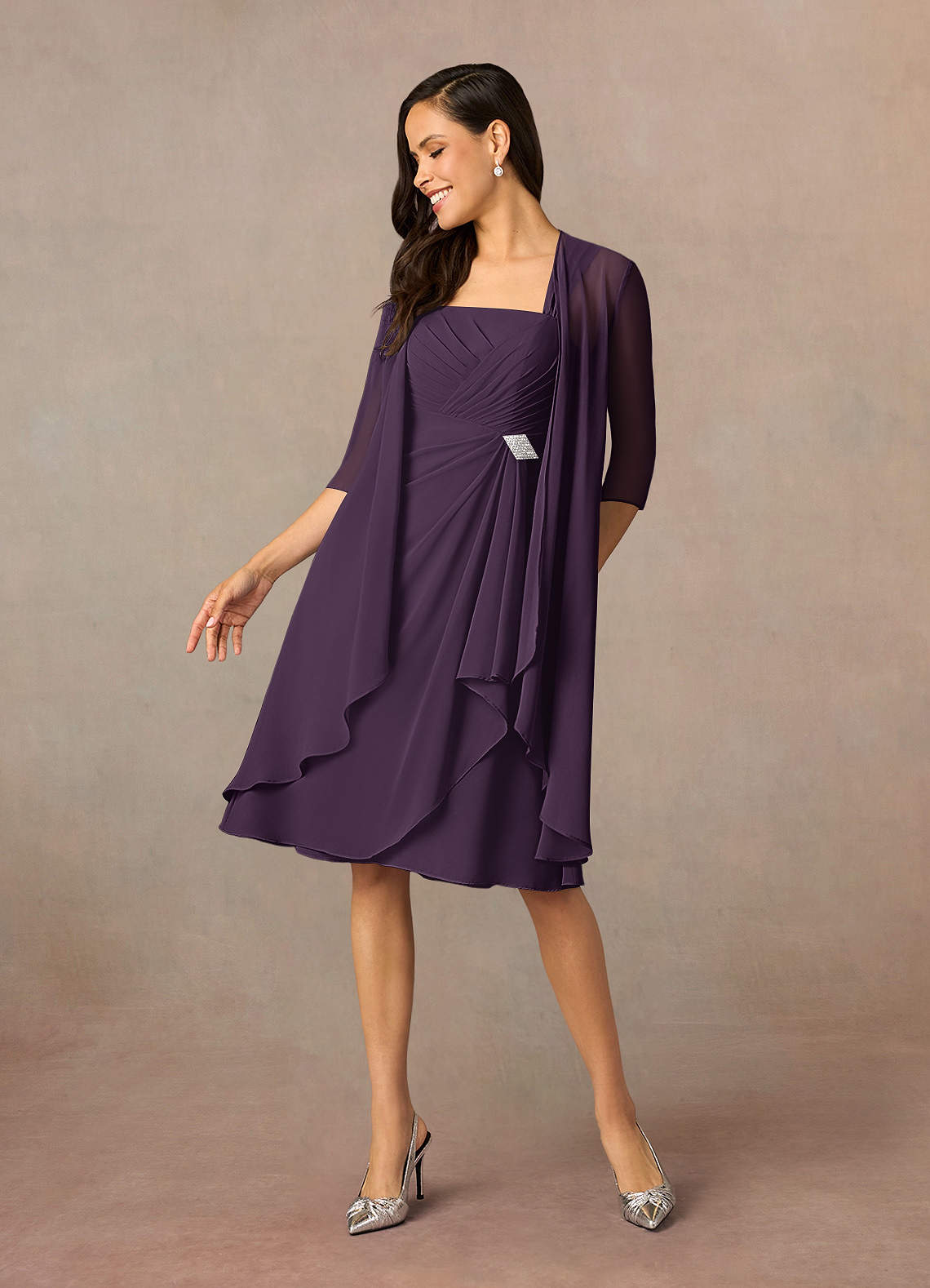 Azazie Olivia At-home Try On Dresses Plum A-Line Square Neckline Pleated Chiffon Dress image1