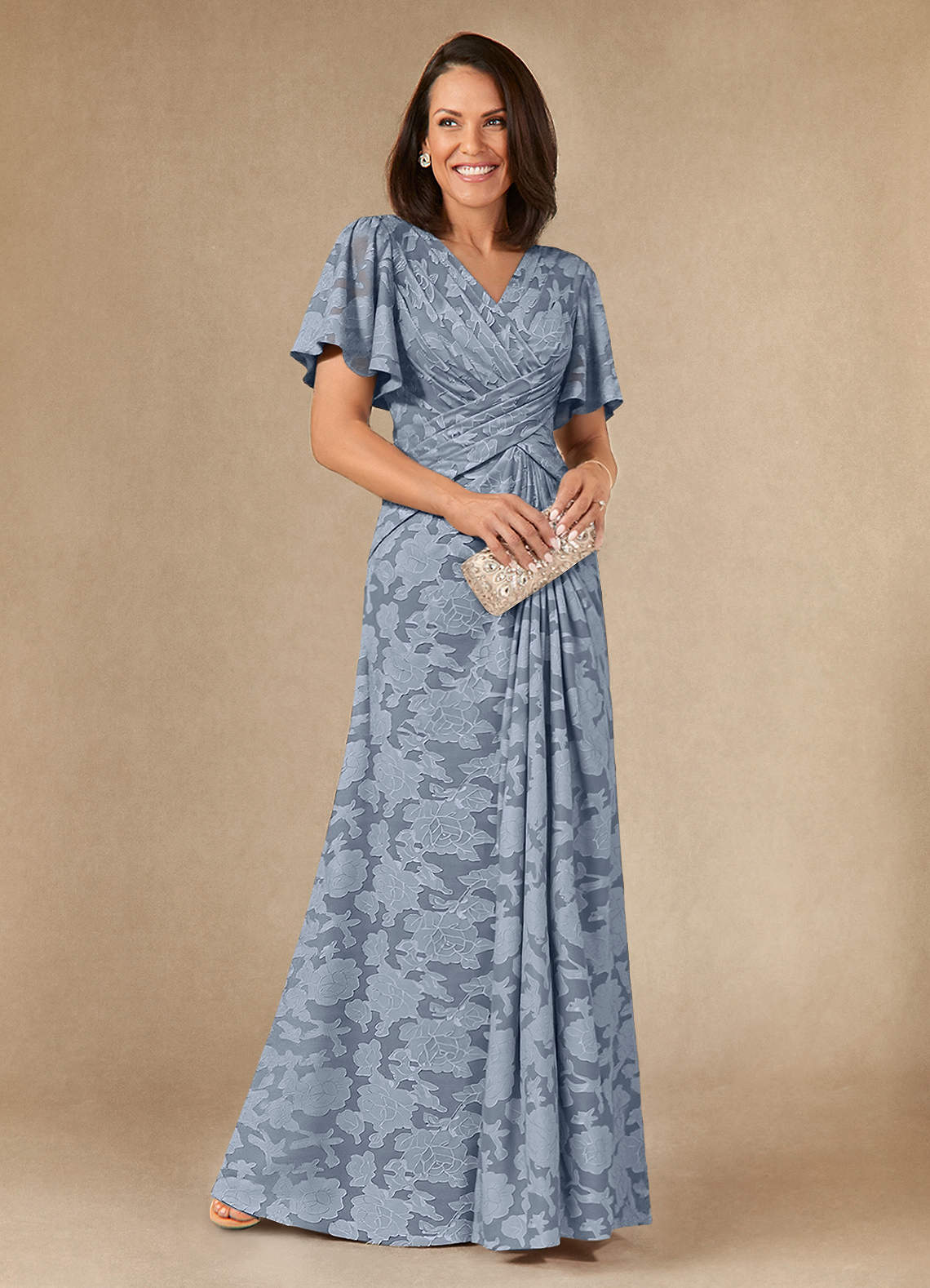 Azazie Emmeline Mother of the Bride Dresses Dusty Blue A-Line Pleated Floral Burnout Dress image1