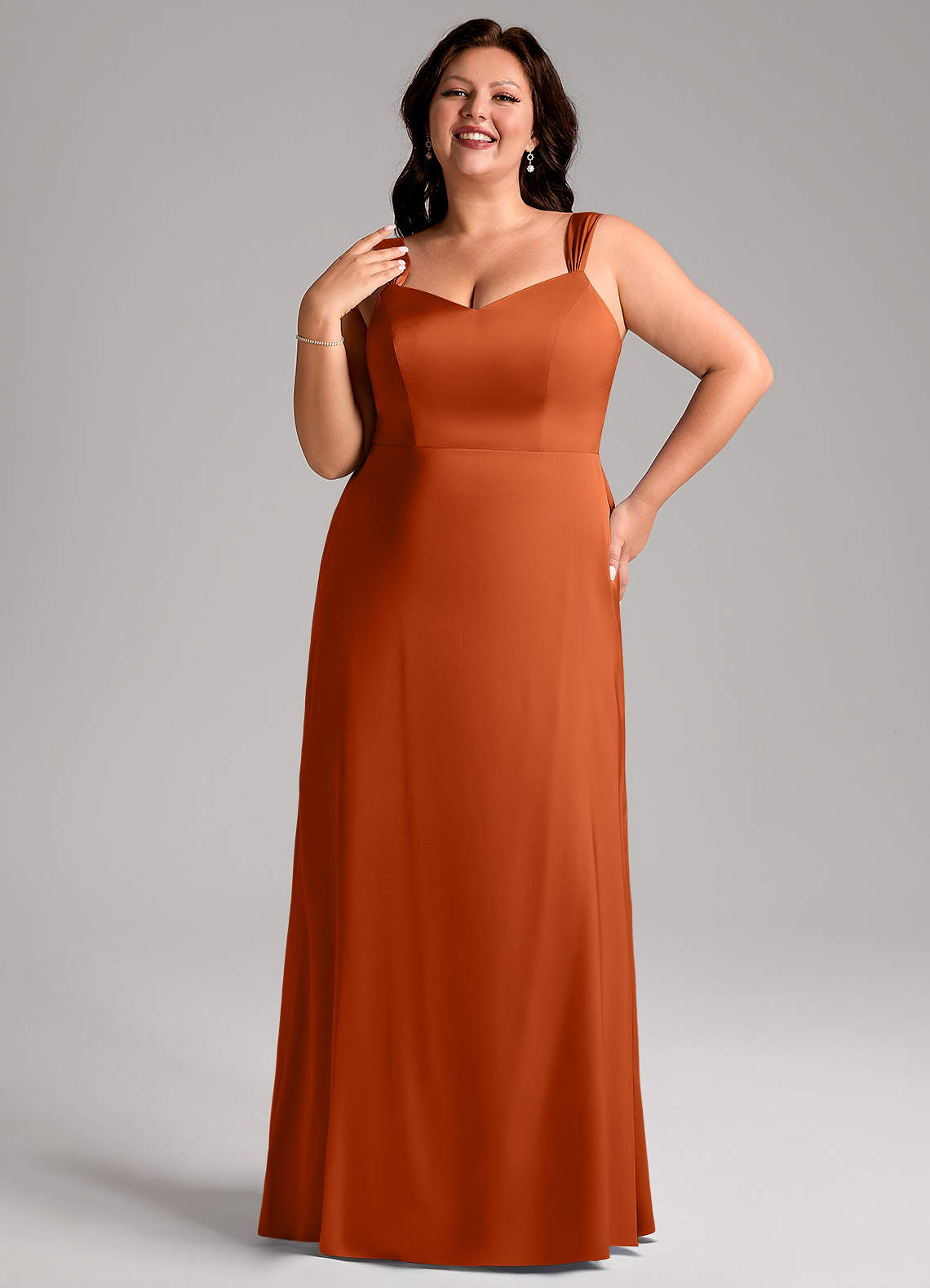Azazie Denice Bridesmaid Dresses Burnt Orange Sheath Pleated Stretch Satin Dress image9