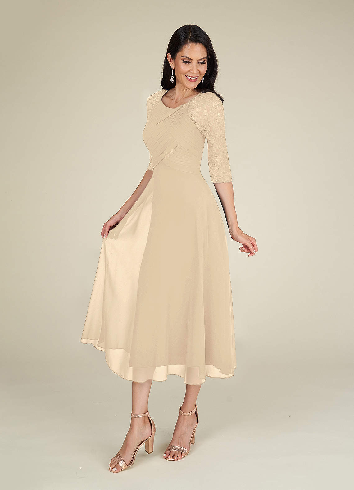 A-Line Scoop Flutter Sleeves Chiffon Tea-length Dress Chocolate main image 1