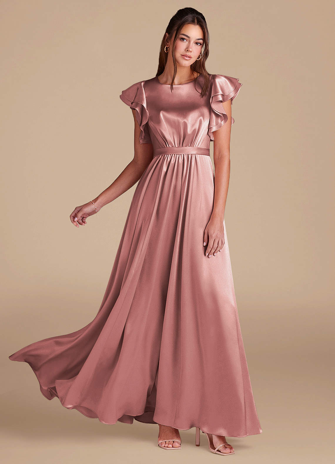 Azazie Daphne Modest Bridesmaid Dresses A-Line Ruched Metallic Satin Floor-Length Dress image1