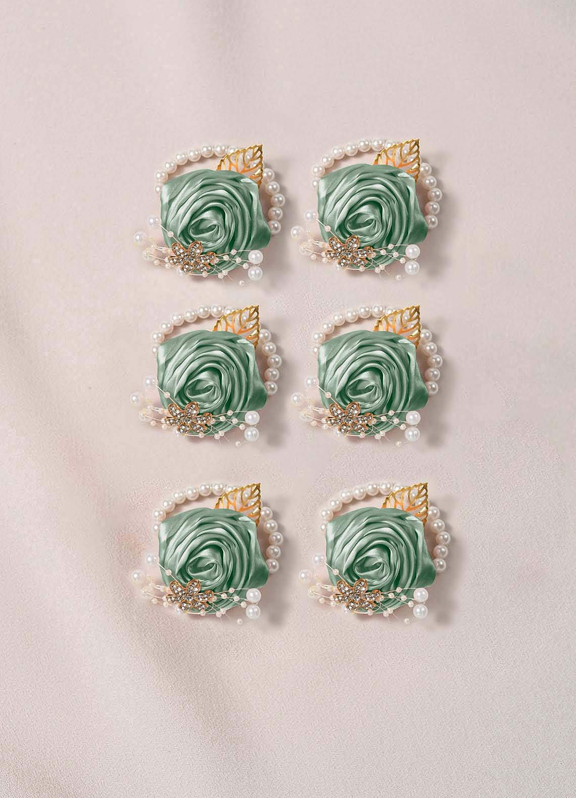 front 6PC Matching Color Bridesmaids Wrist Corsage with Pearl Bracelet