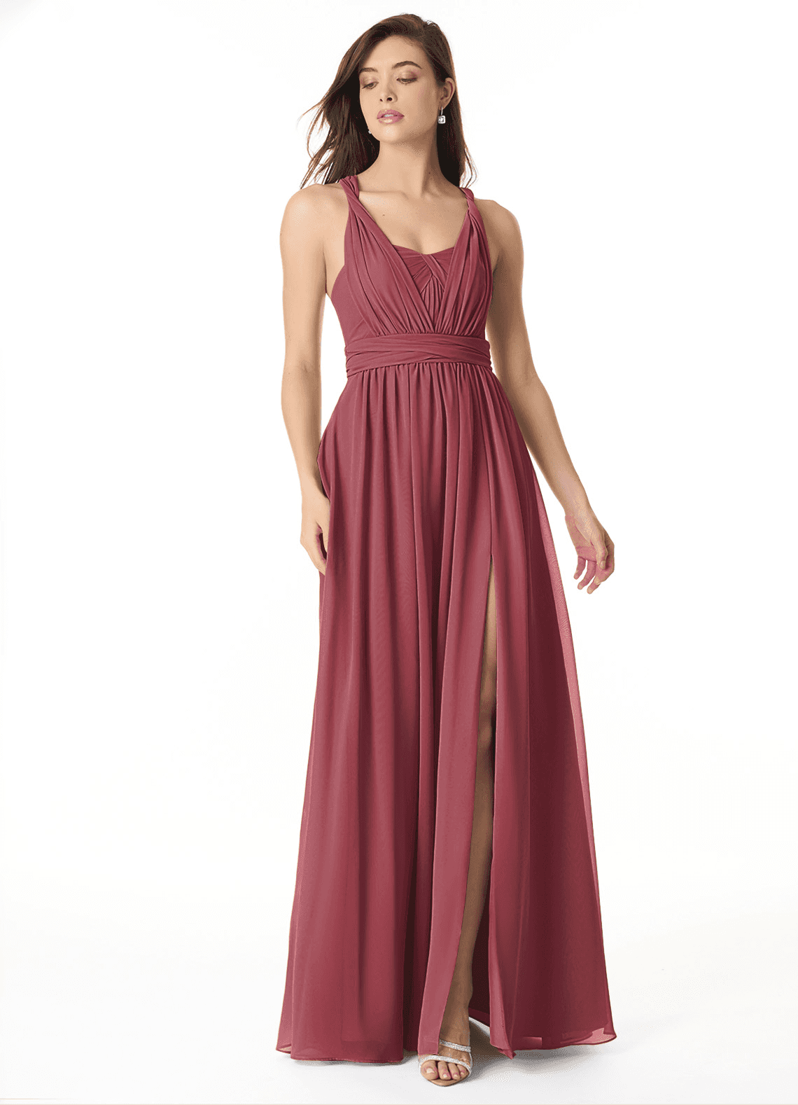 Azazie Olani Bridesmaid Dresses Merlot A-Line Off the Shoulder Chiffon Convertible Dress image1
