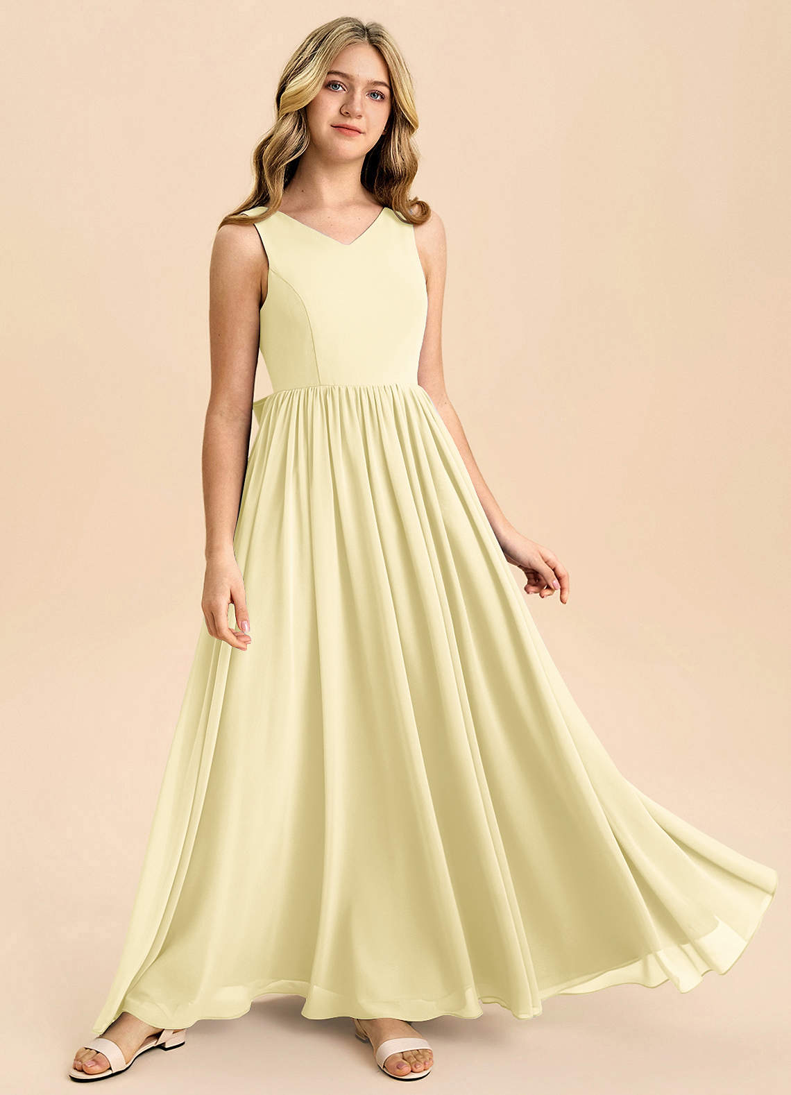 Azazie Hathaway Junior Lemon Sorbet A-Line Bow Chiffon Dress image1