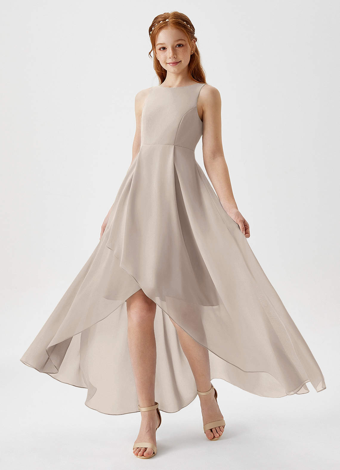 Azazie Lizette Junior Abito A-Line in Chiffon Plissettato Gelo image1