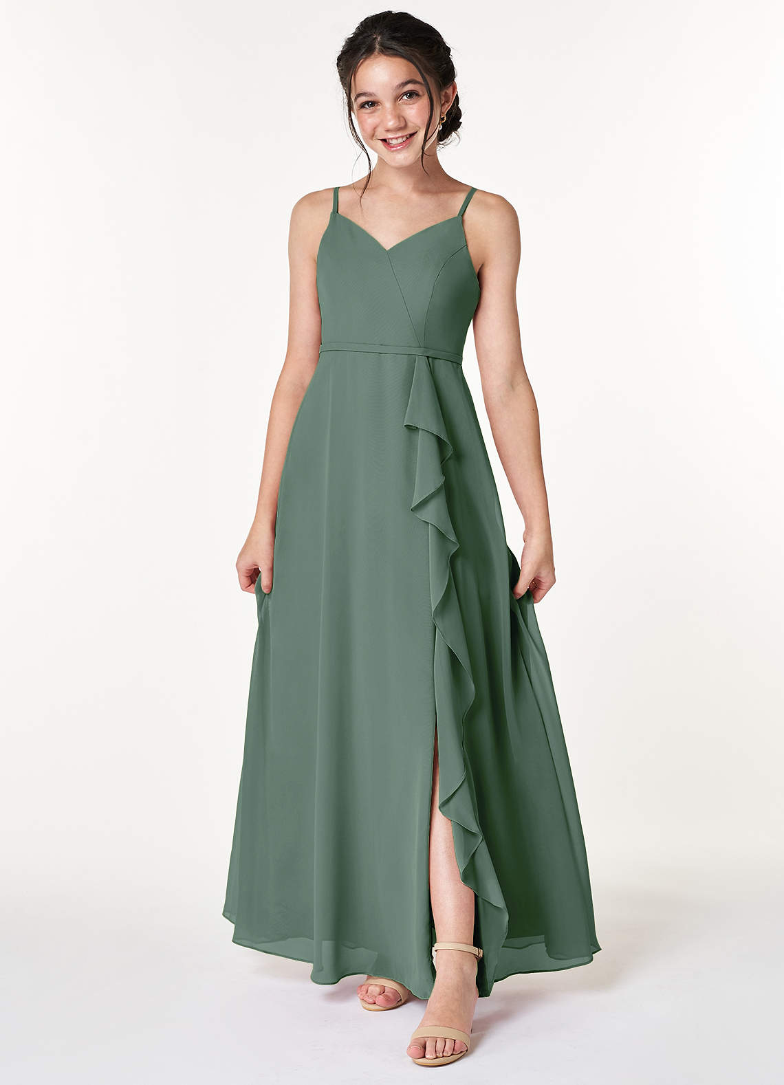 Azazie Naeem Junior Eucalyptus A-Line Ruched Chiffon Dress image1
