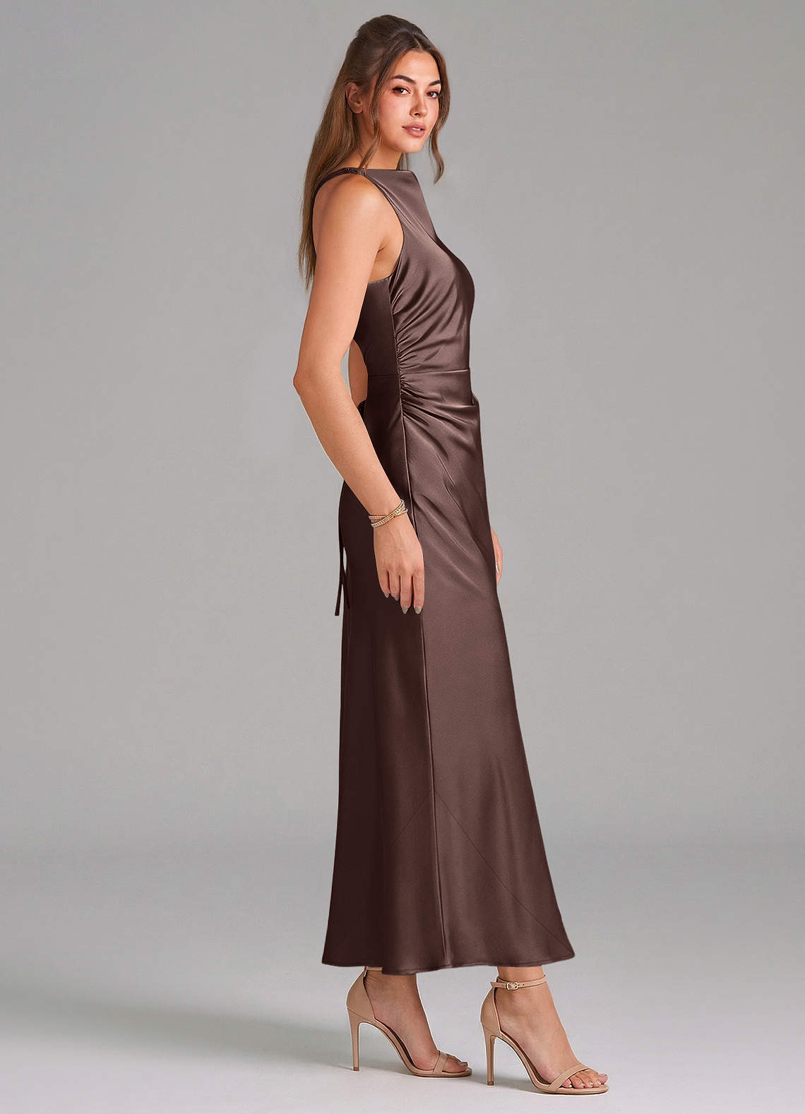 Azazie Evadne Bridesmaid Dresses Ganache Sheath Pleated Stretch Satin Dress image3