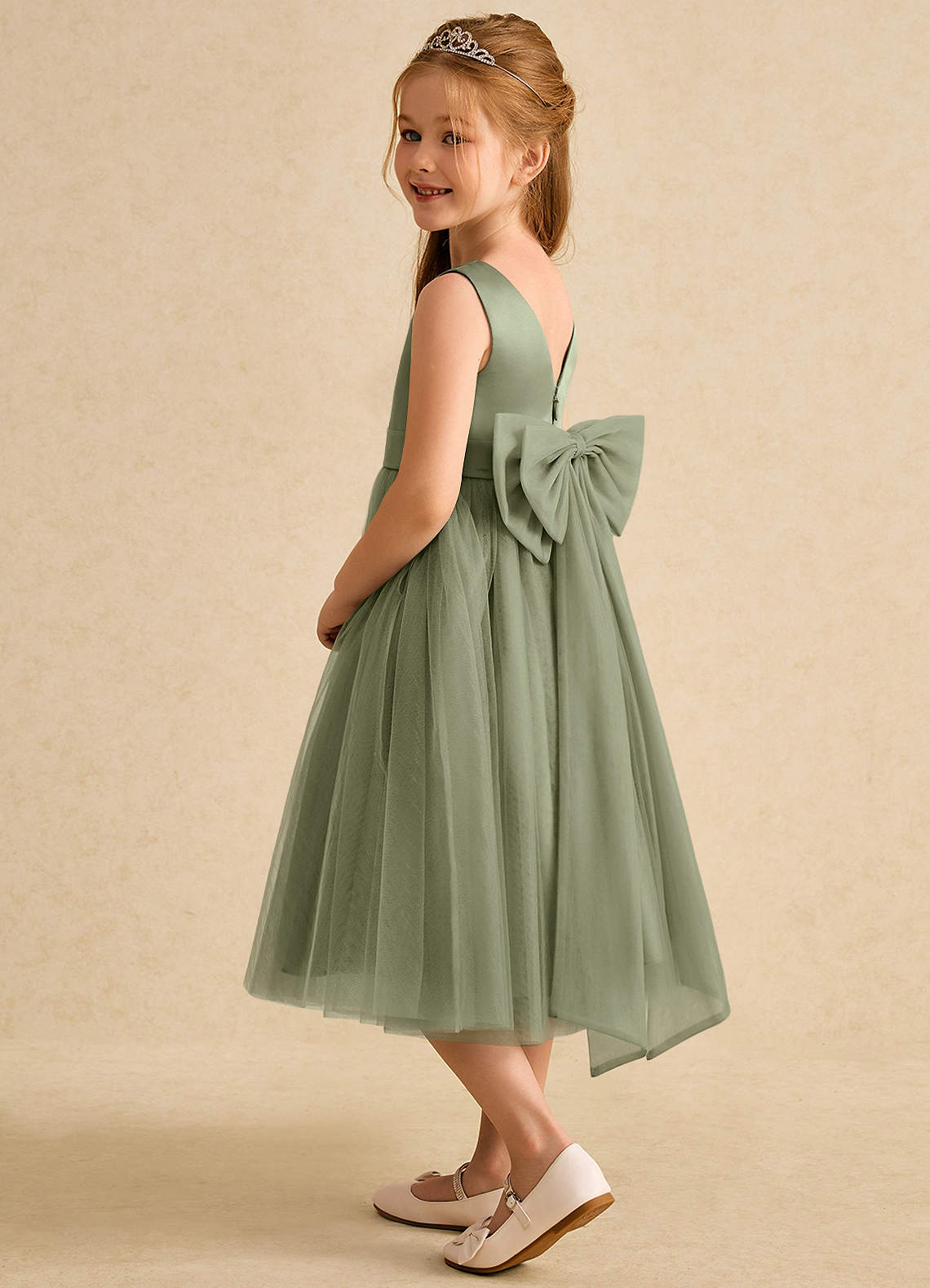Azazie Winnie Flower Girl Dresses Pistachio Ball-Gown Bow Tulle Dress image4