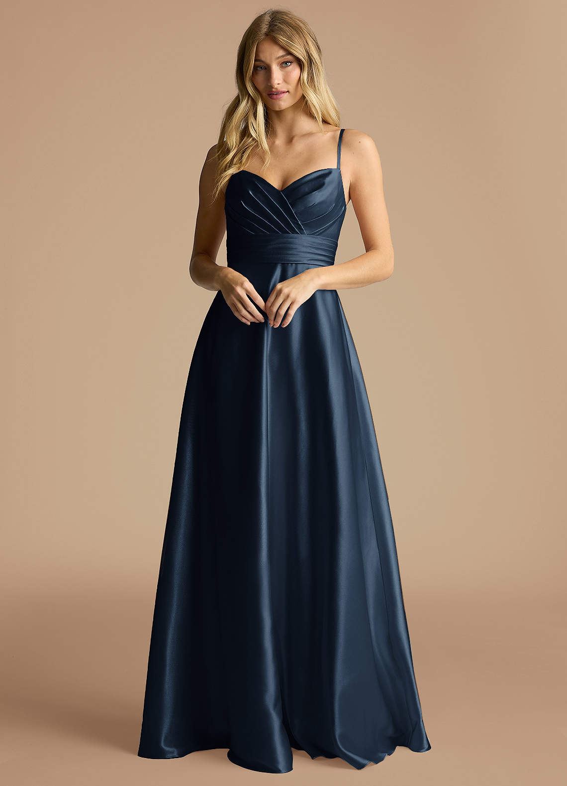 Azazie Oliana Bridesmaid Dresses Dark Navy A-Line Pleated Metallic Satin Dress image1