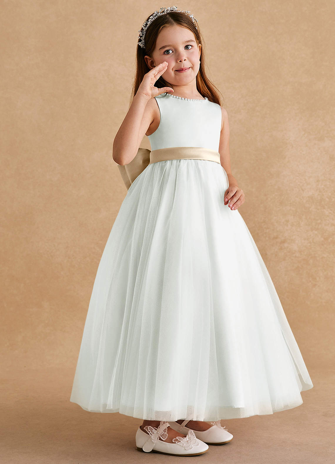 Azazie Cookie Flower Girl Dresses Ivory Champagne A-Line Bow Tulle Dress image1