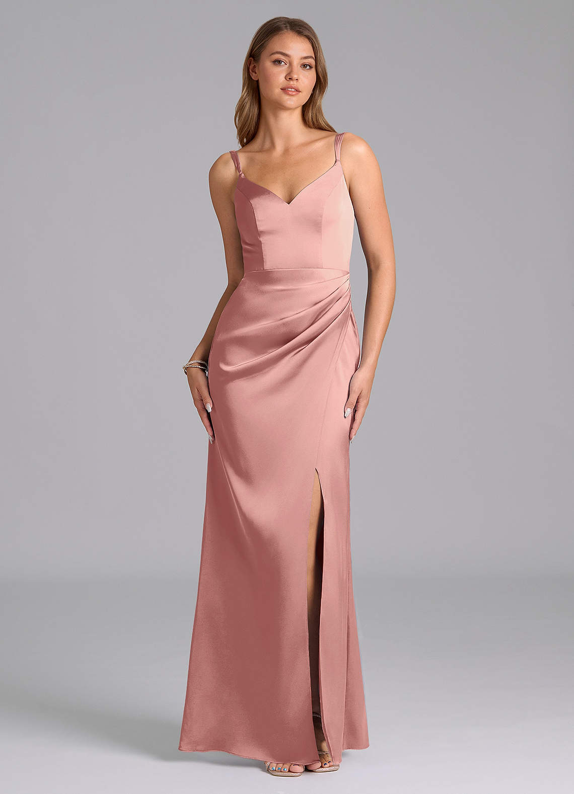 Azazie Leo Bridesmaid Dresses Rosette Sheath Pleated Stretch Satin Dress image1