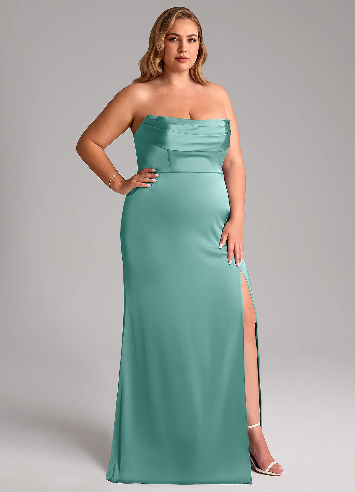 Azazie Saige Bridesmaid Dresses Aqua Sheath Off the Shoulder Stretch Satin Dress image16