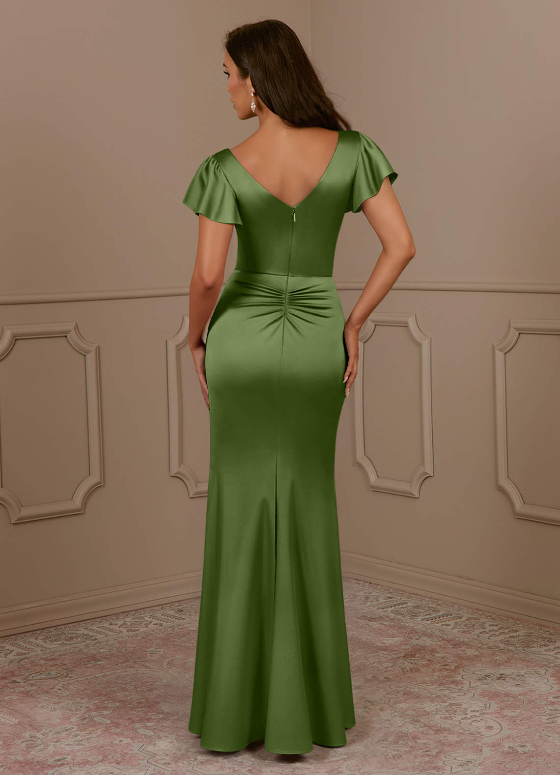 Azazie Roya vestidos de madre de la novia Vestido de Enebro de Satén Elástico de Sirena con Cuello en V Plisado image3