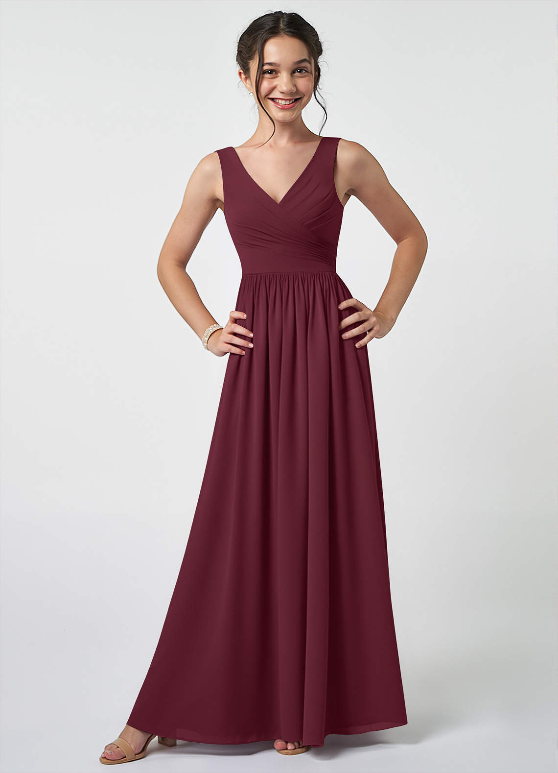 Azazie Keyla Junior Cabernet A-Line Pleated Chiffon Dress image1