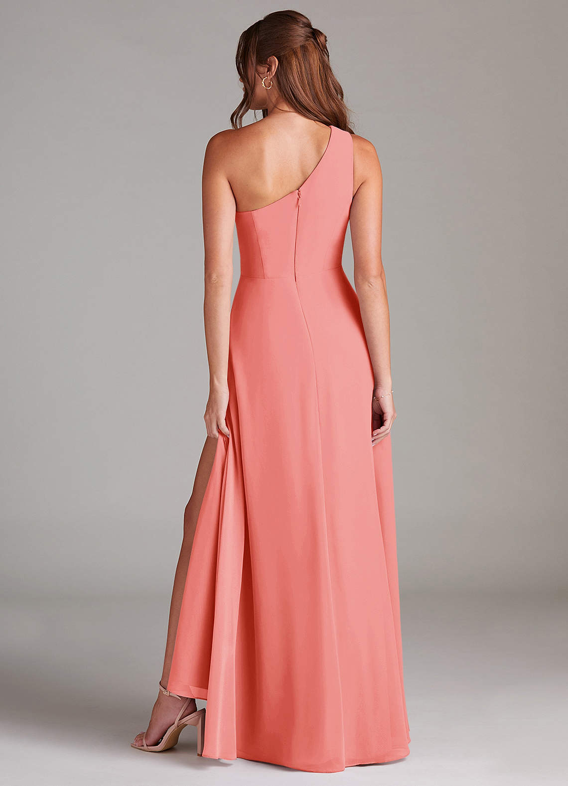 Azazie Brooke Bridesmaid Dresses Coral A-Line One Shoulder Chiffon Dress image6