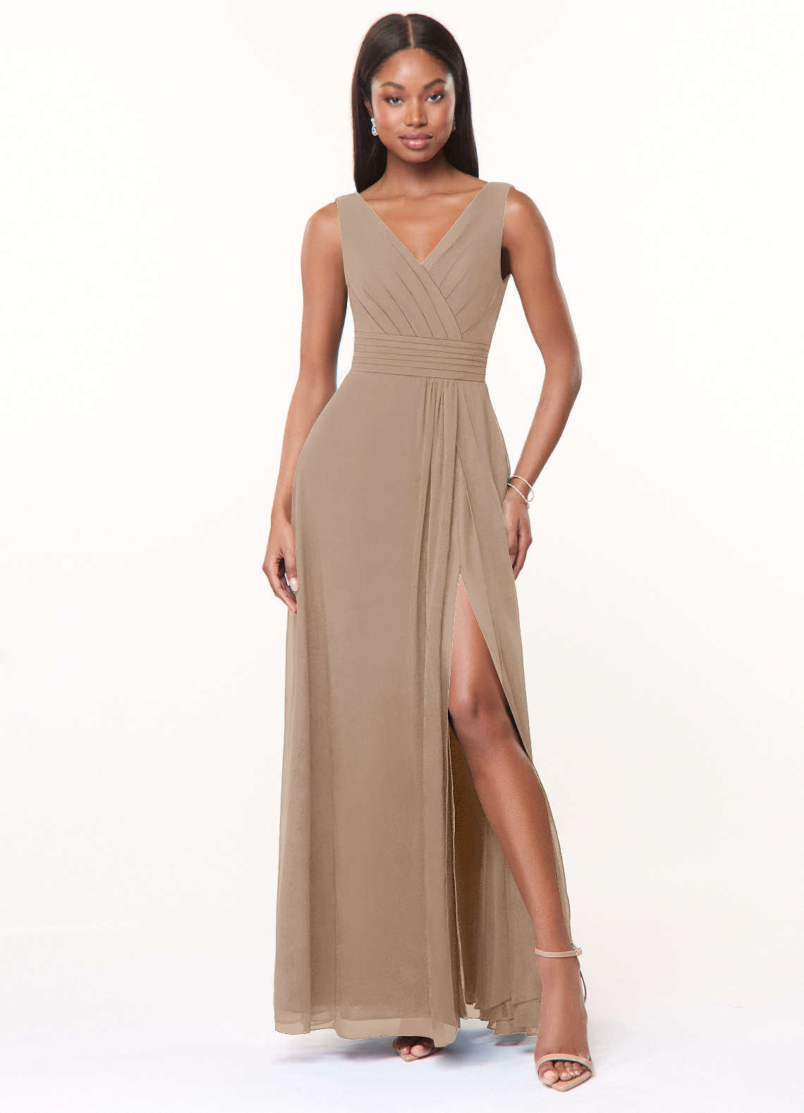 Azazie Karina Bridesmaid Dresses Taupe A-Line Pleated Chiffon Dress image1