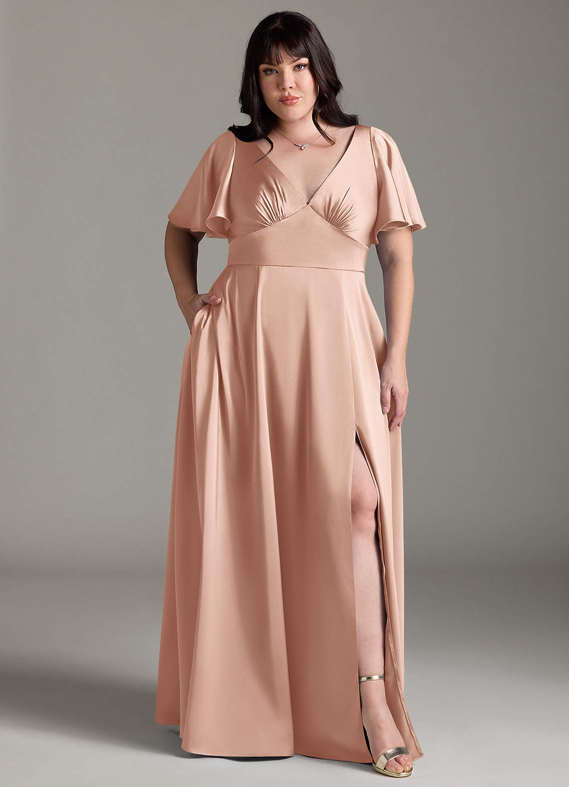 Azazie Kimber Bridesmaid Dresses Rose Gold A-Line Ruched Stretch Satin Dress image1