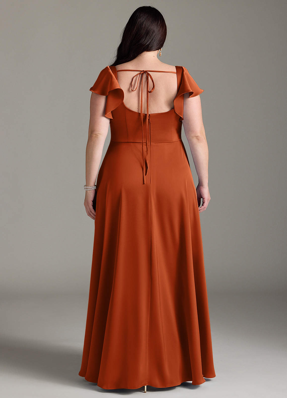 Azazie Bondi Bridesmaid Dresses Burnt Orange A-Line Bow Stretch Satin Dress image6