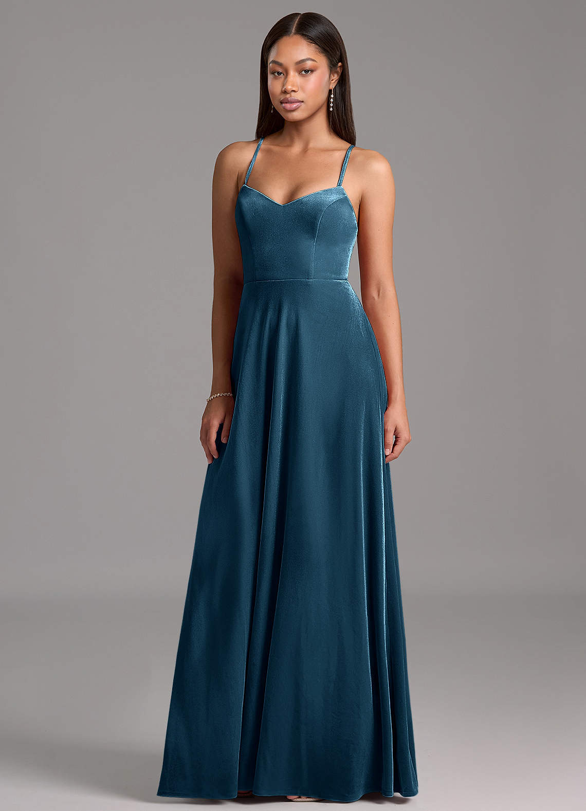 Azazie Mei Bridesmaid Dresses Blue Topaz A-Line Corset Velvet Dress image1