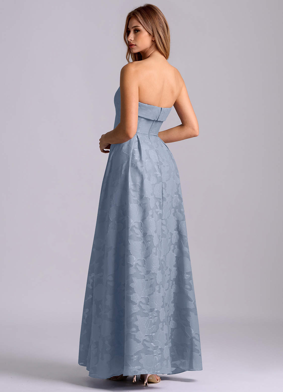 Azazie Lucienne Bridesmaid Dresses Dusty Blue A-Line Strapless Floral Burnout Dress image1