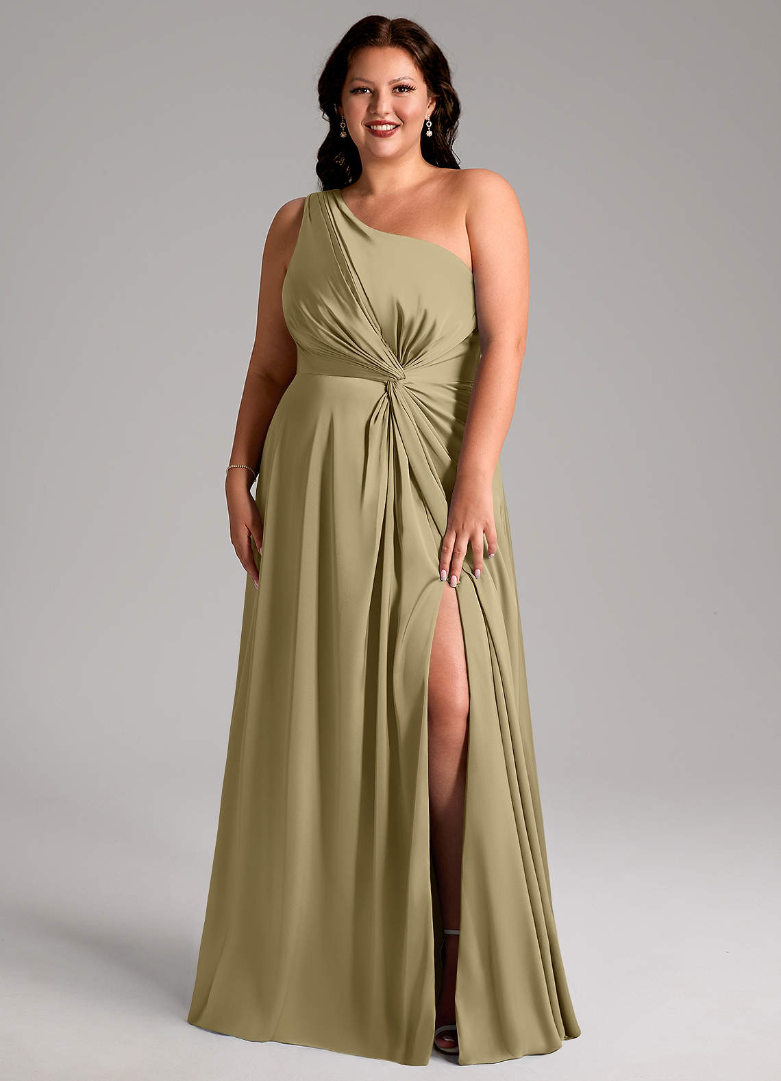 Azazie Brooke Bridesmaid Dresses Moss Green A-Line One Shoulder Stretch Satin Dress image1