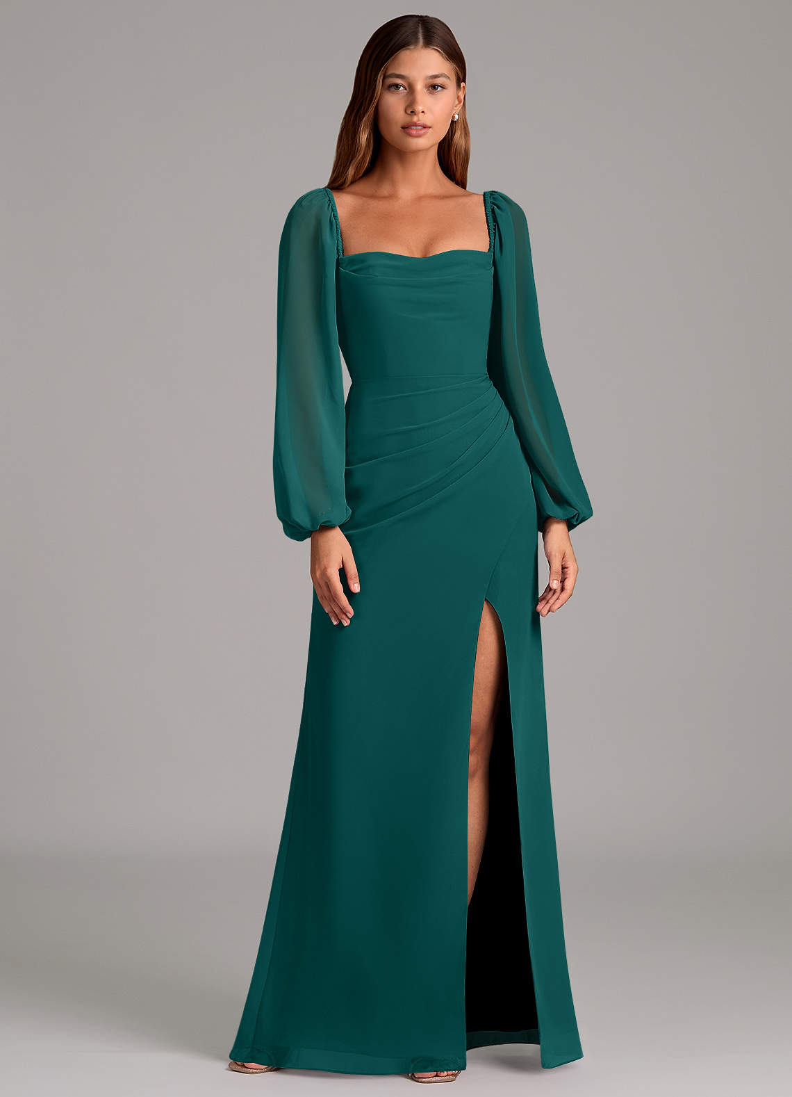 Azazie Brixley Bridesmaid Dresses Peacock Mermaid Long Sleeve Chiffon Dress image1