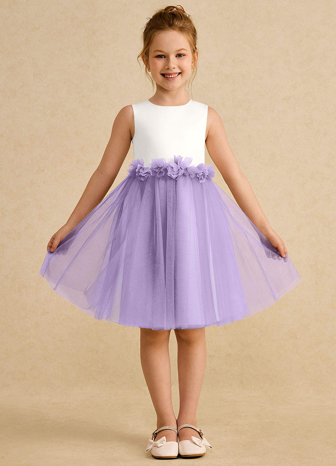 Azazie Louisa Robe Demoiselle D'honneur Fillette Robe Trapèze en Tulle Sans manches Ivoire Lilas image1