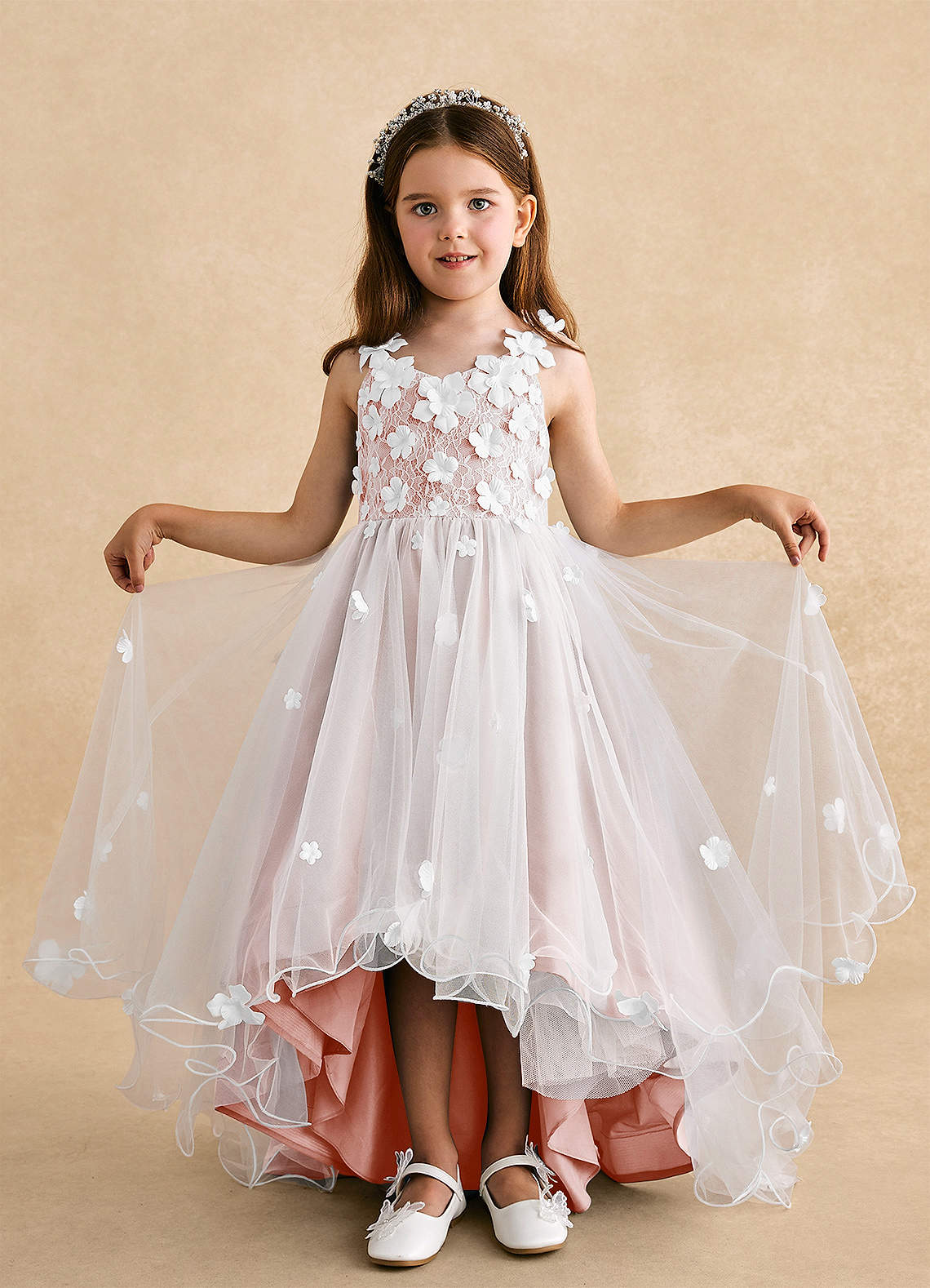 Azazie Celia Flower Girl Dresses Blushing Pink A-Line Lace Tulle Dress image3