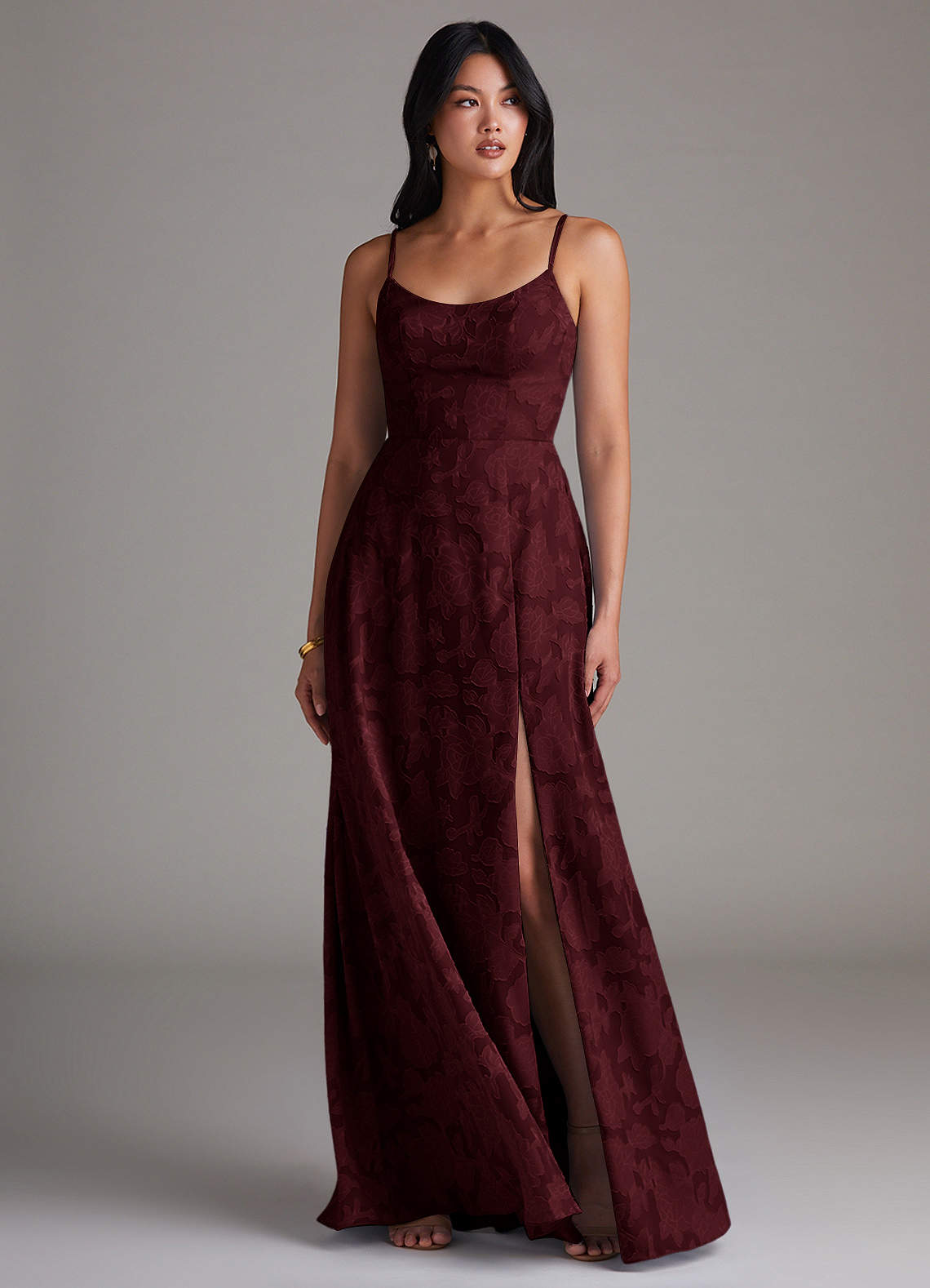Azazie Moira Bridesmaid Dresses Cabernet A-Line Side Slit Floral Burnout Dress image3