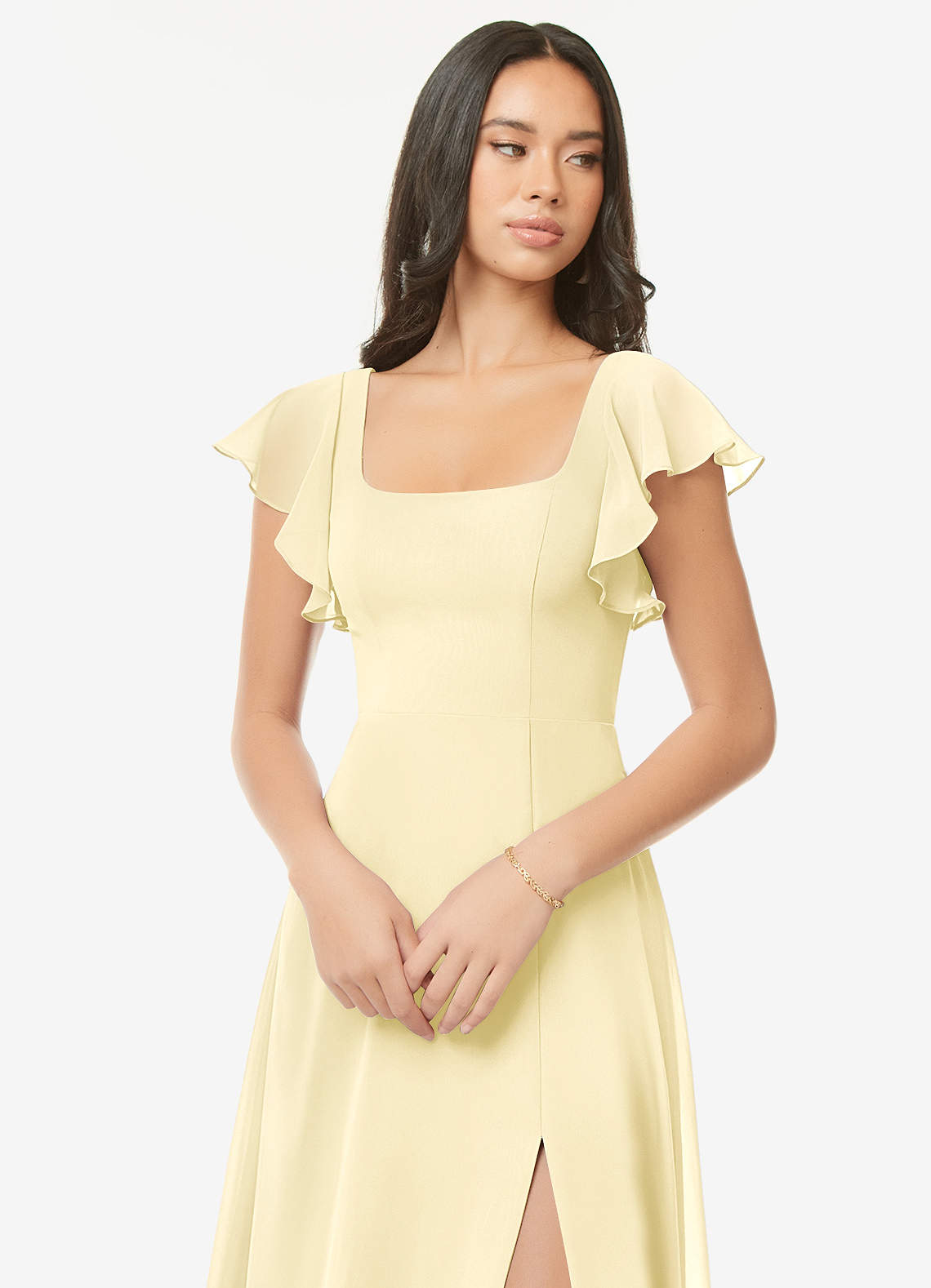 Azazie Bondi At-home Try On Dresses Dusty Blue A-Line Ruffled Chiffon Dress image5