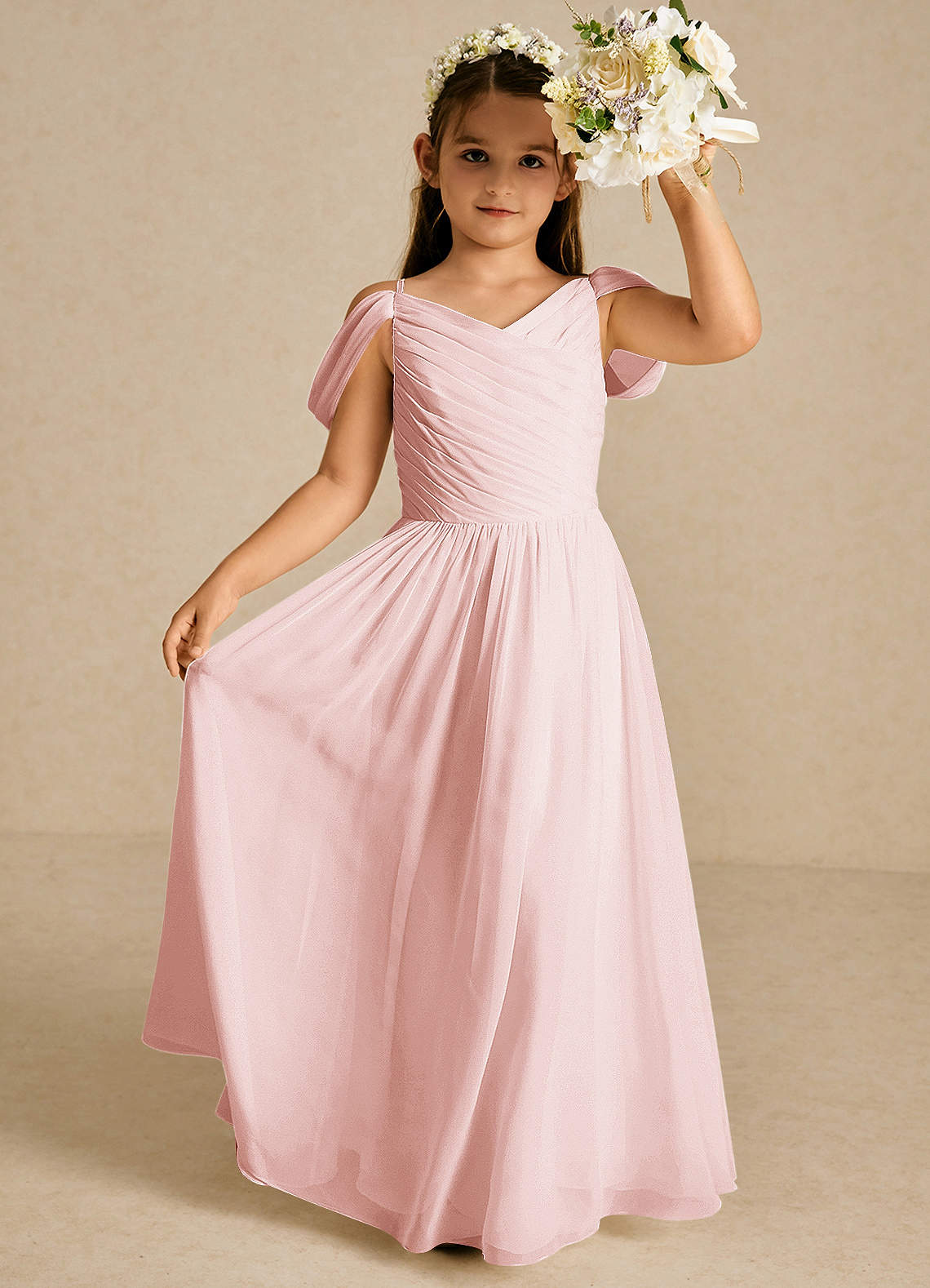 Azazie Chelle Flower Girl Dresses Blushing Pink A-Line Pleated Chiffon Dress image1