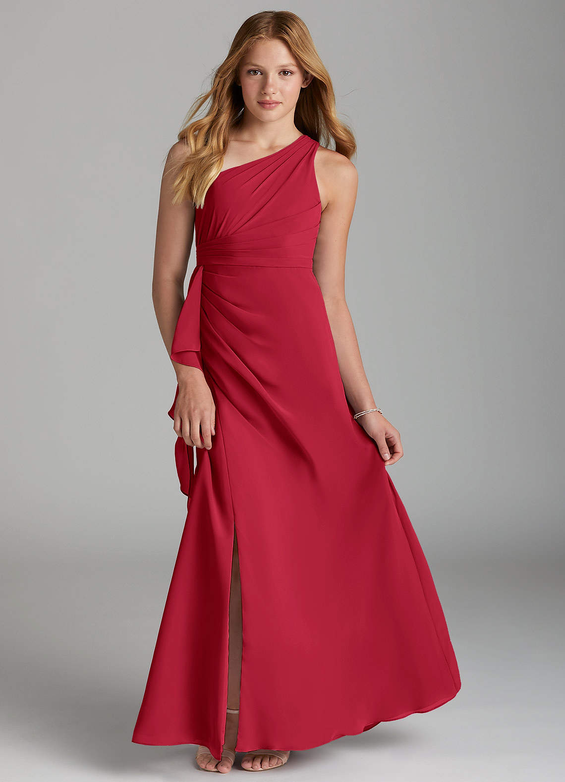 Azazie Maive Junior Abito A-Line in Chiffon Plissettato Scarlatto image1