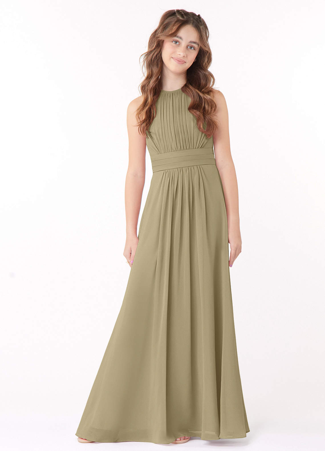 Azazie Bonnie Junior Moss Green A-Line Pleated Chiffon Dress image1