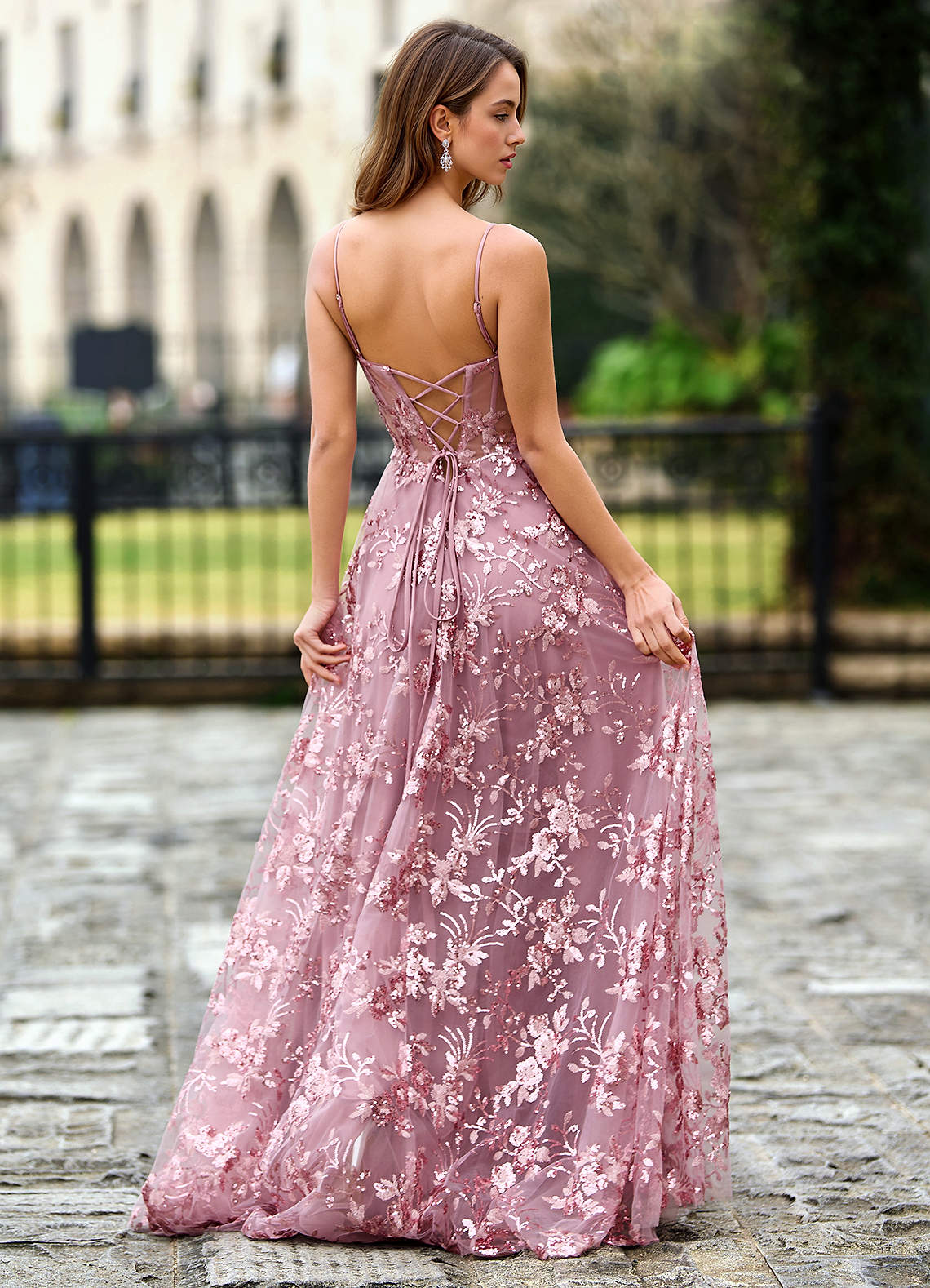Azazie Pink 3D Flowers Lace Up V Neck Formal Dress Azazie Pink 3D Flowers Lace Up V Neck Formal Dress