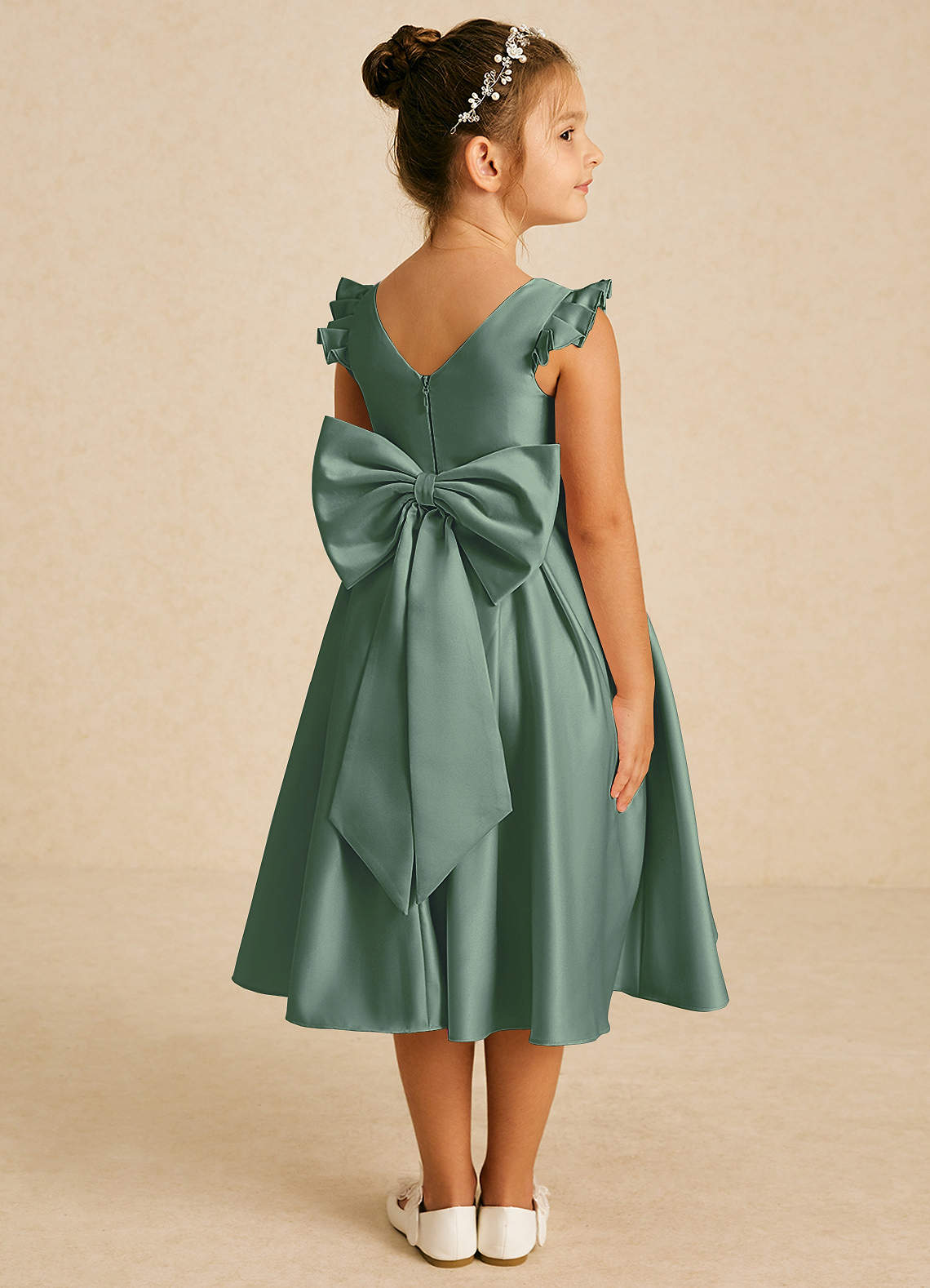 Azazie Francine Flower Girl Dresses Eucalyptus A-Line Bow Matte Satin Dress image1