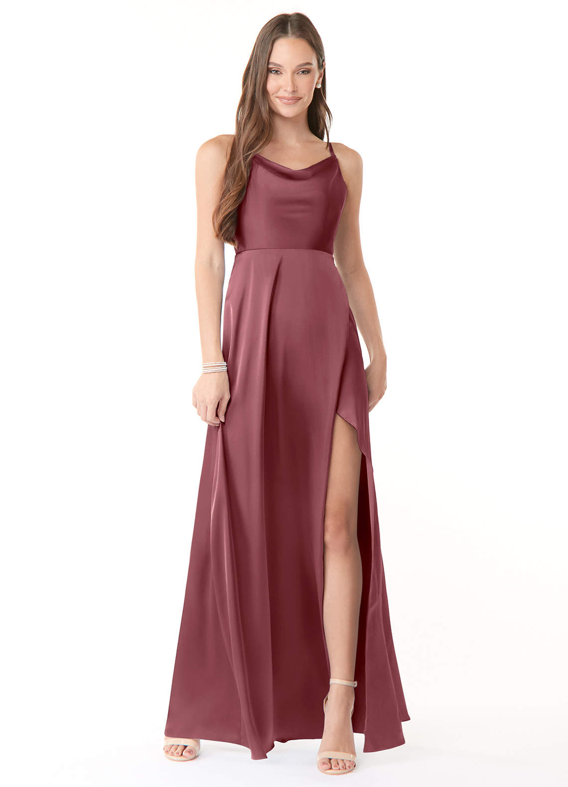 Azazie Naomie Bridesmaid Dresses Desert Rose A-Line Cowl Neckline Side Slit Stretch Satin Dress image1
