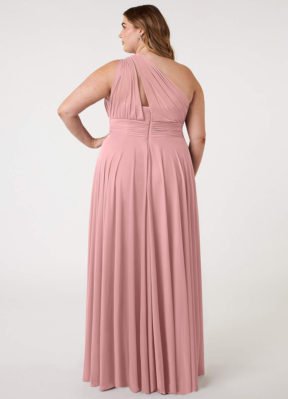 Azazie Charlize Vestidos de damas de honor Vestido de Rosa Polvorienta de Malla de Corte en A con Hombro unilateral image6