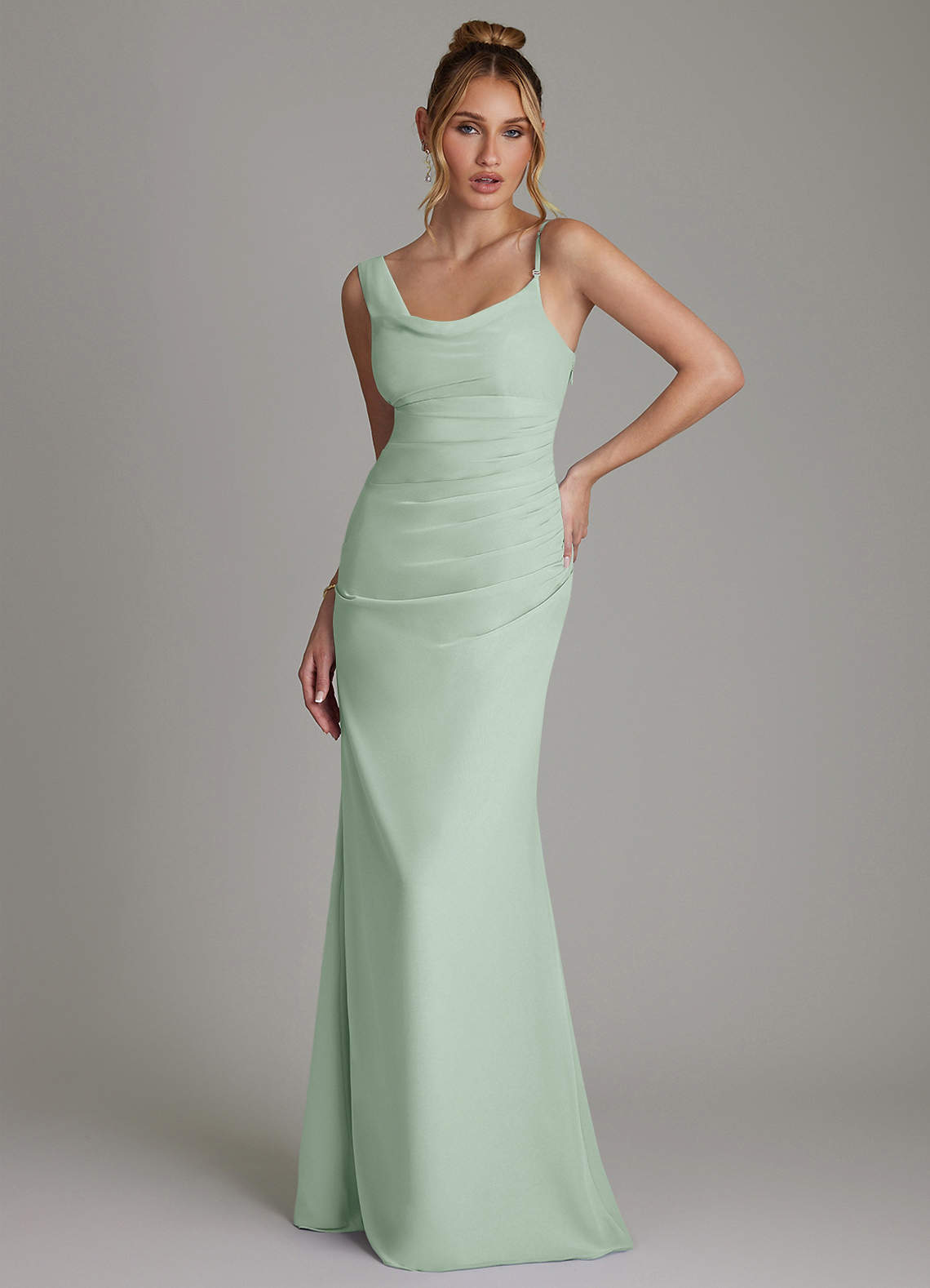 pastel green chiffon dress Azazie Ama Ready to Ship Agave Bridesmaid Dresses bardot neckline