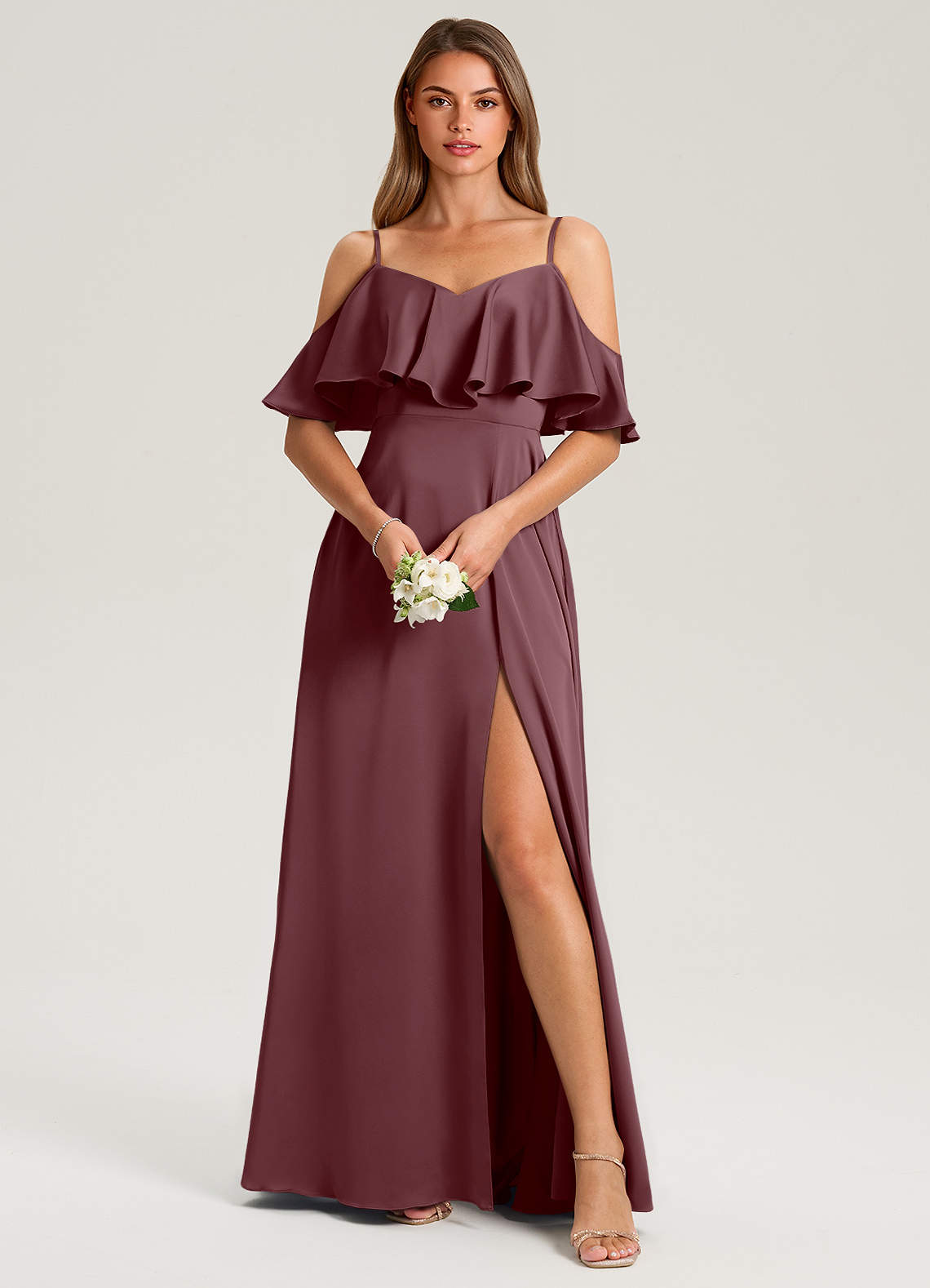 Azazie Jean Bridesmaid Dresses Sangria A-Line Off the Shoulder Stretch Satin Dress image1