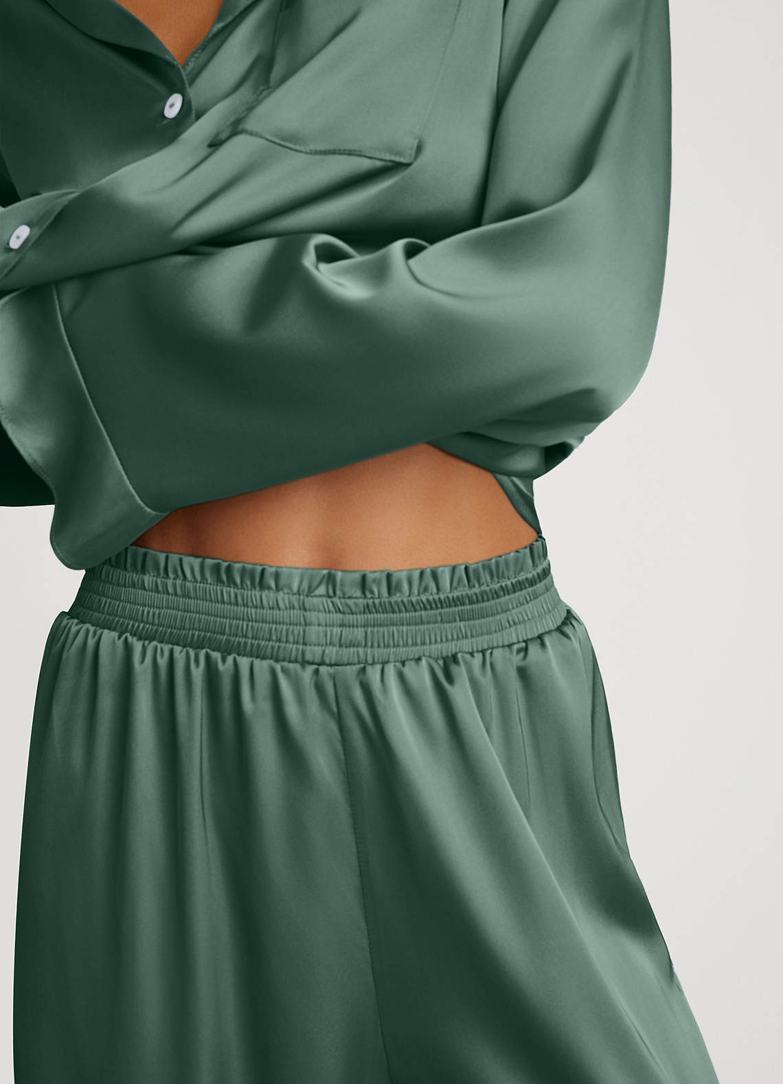 front Ruffled Satin Long Sleeve Pajama Set