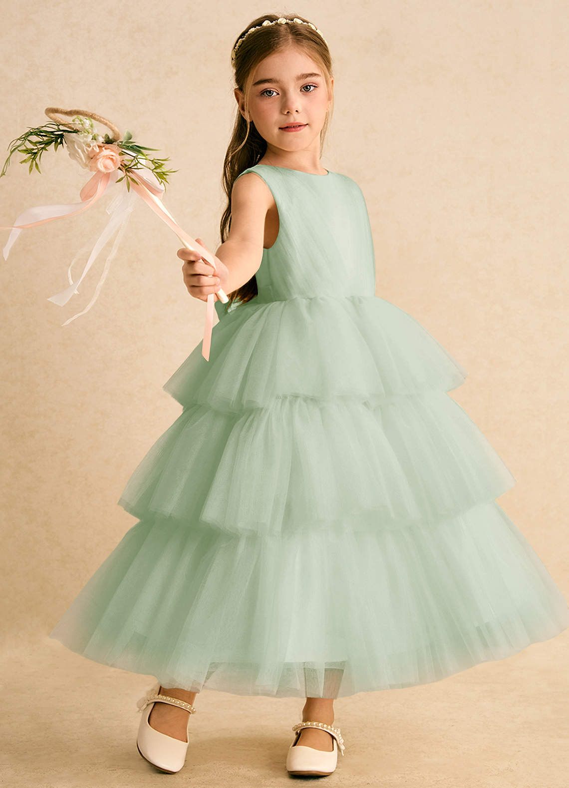 Azazie Marshmallow Blumenmädchenkleider Ballkleid Schleifen Tüll Kleid Staubiger Salbeigrün image1