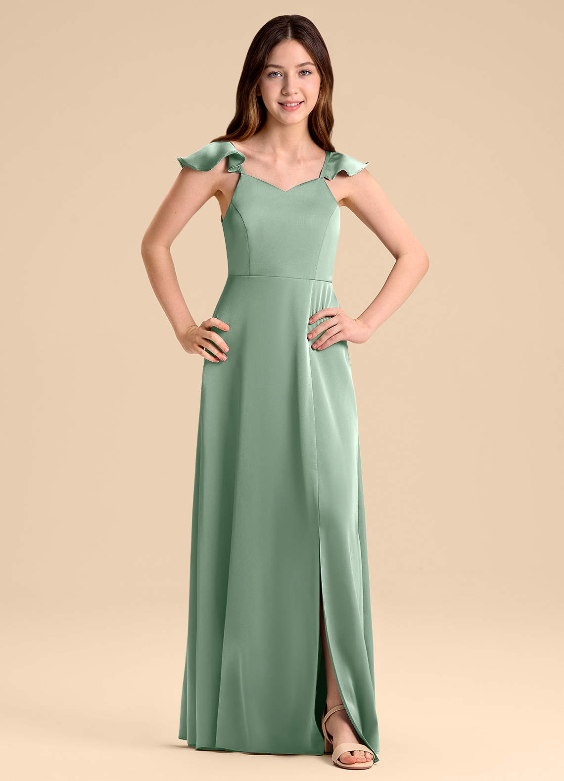 Azazie Everett Junior Agave A-Line Bow Stretch Satin Dress image1