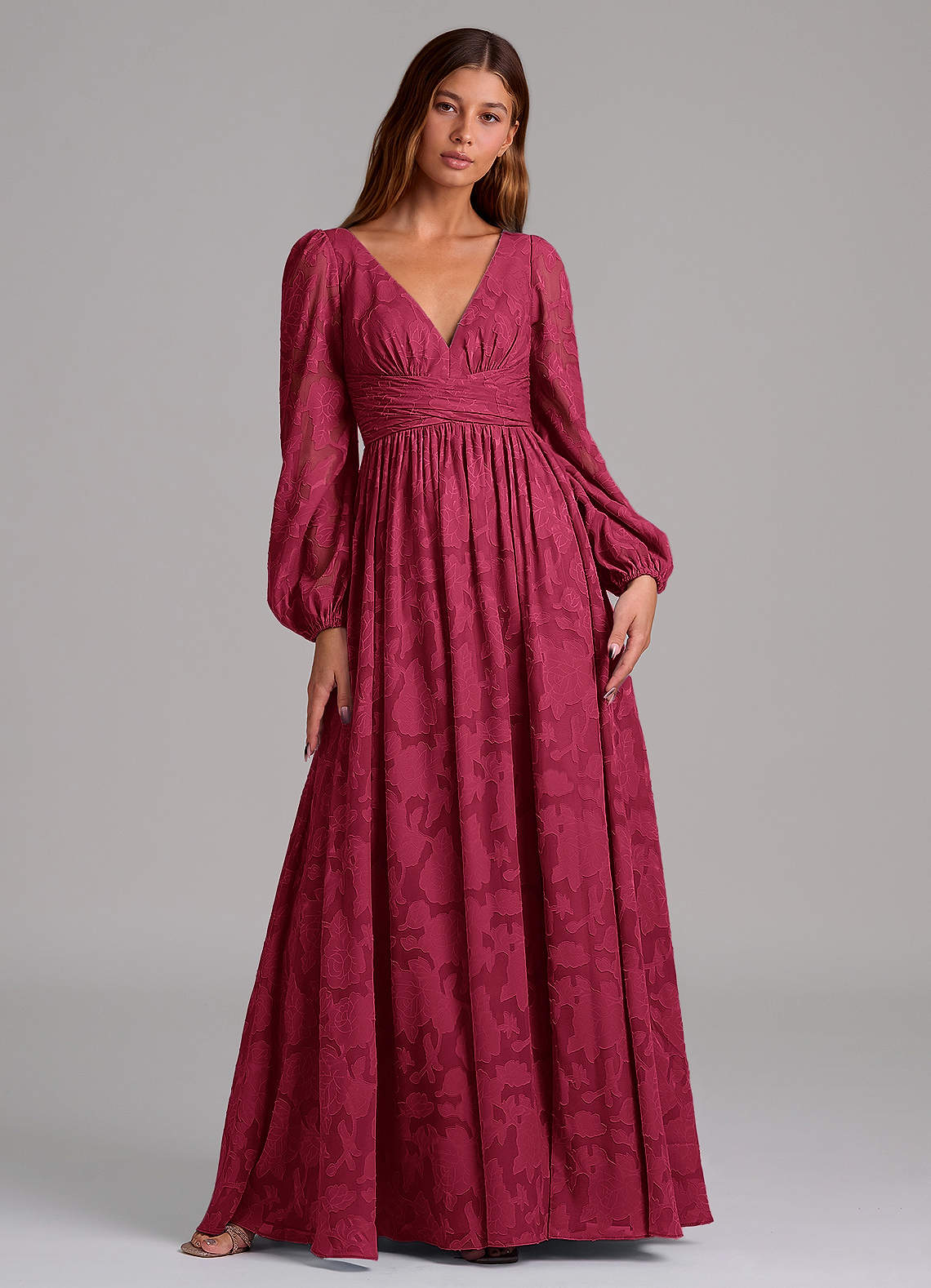 Azazie Norah Bridesmaid Dresses Burgundy A-Line Long Sleeve Floral Burnout Dress image1