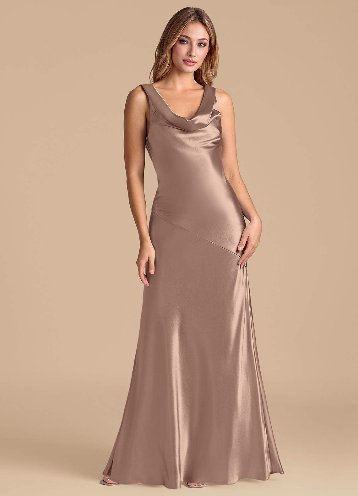 Azazie Rylina Taupe Metallic Satin Bridesmaid Dresses | Azazie