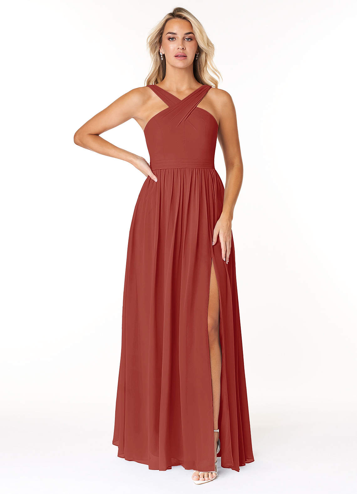 Azazie Elvira Bridesmaid Dresses Terracotta A-Line Pleated Chiffon Dress image1