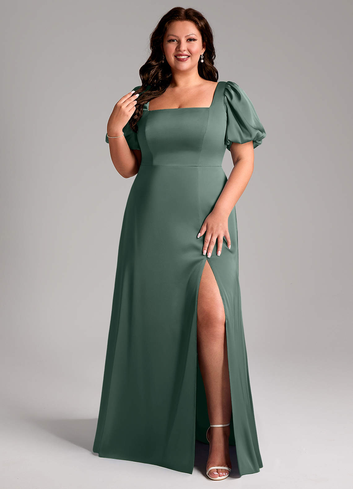 Azazie Fyona Bridesmaid Dresses Sea Moss A-Line Pleated Stretch Satin Dress image1