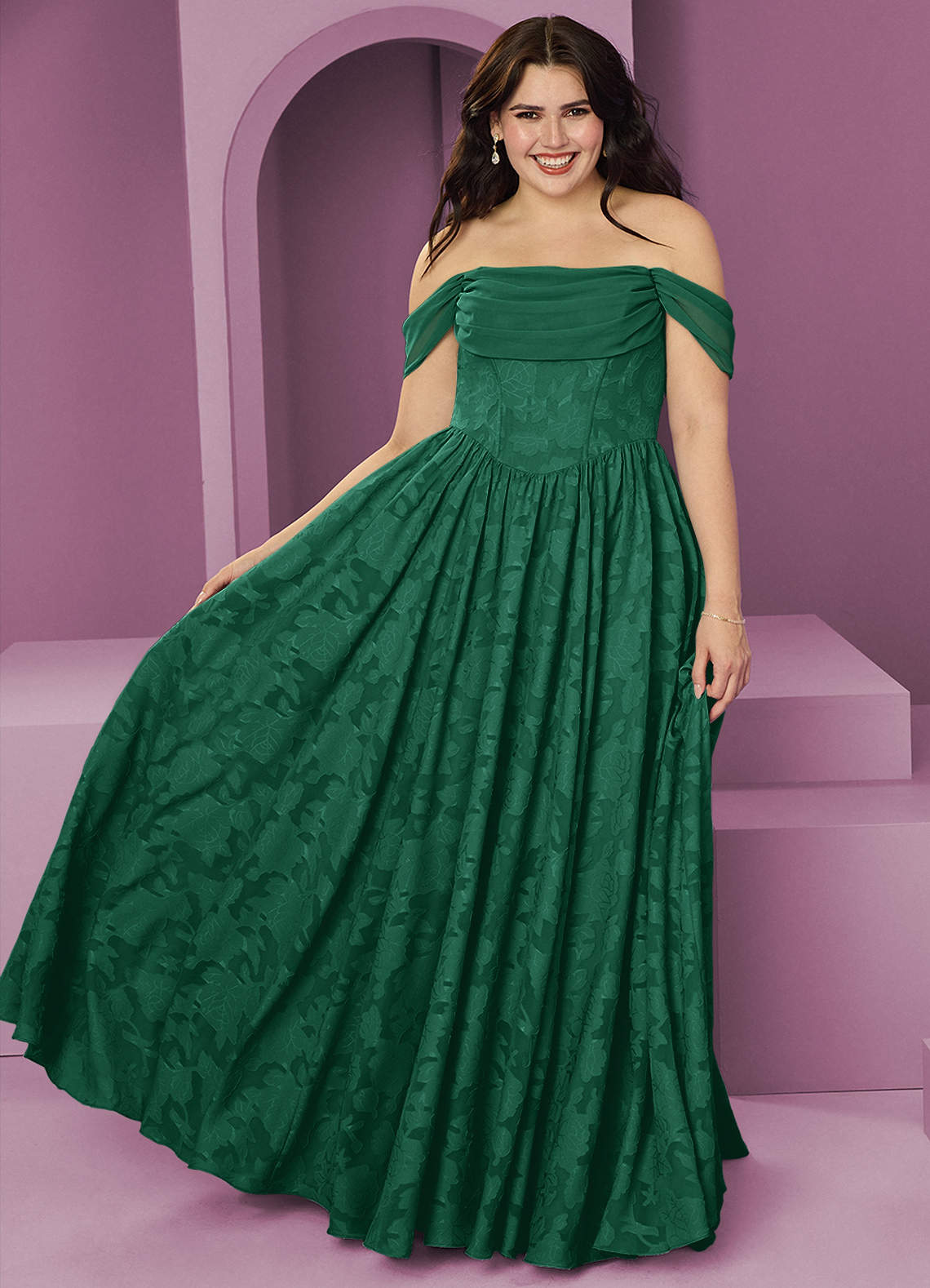 Barbie ♥ Azazie Bridesmaid Dresses Emerald A-Line Off the Shoulder Floral Burnout Convertible Dress image1