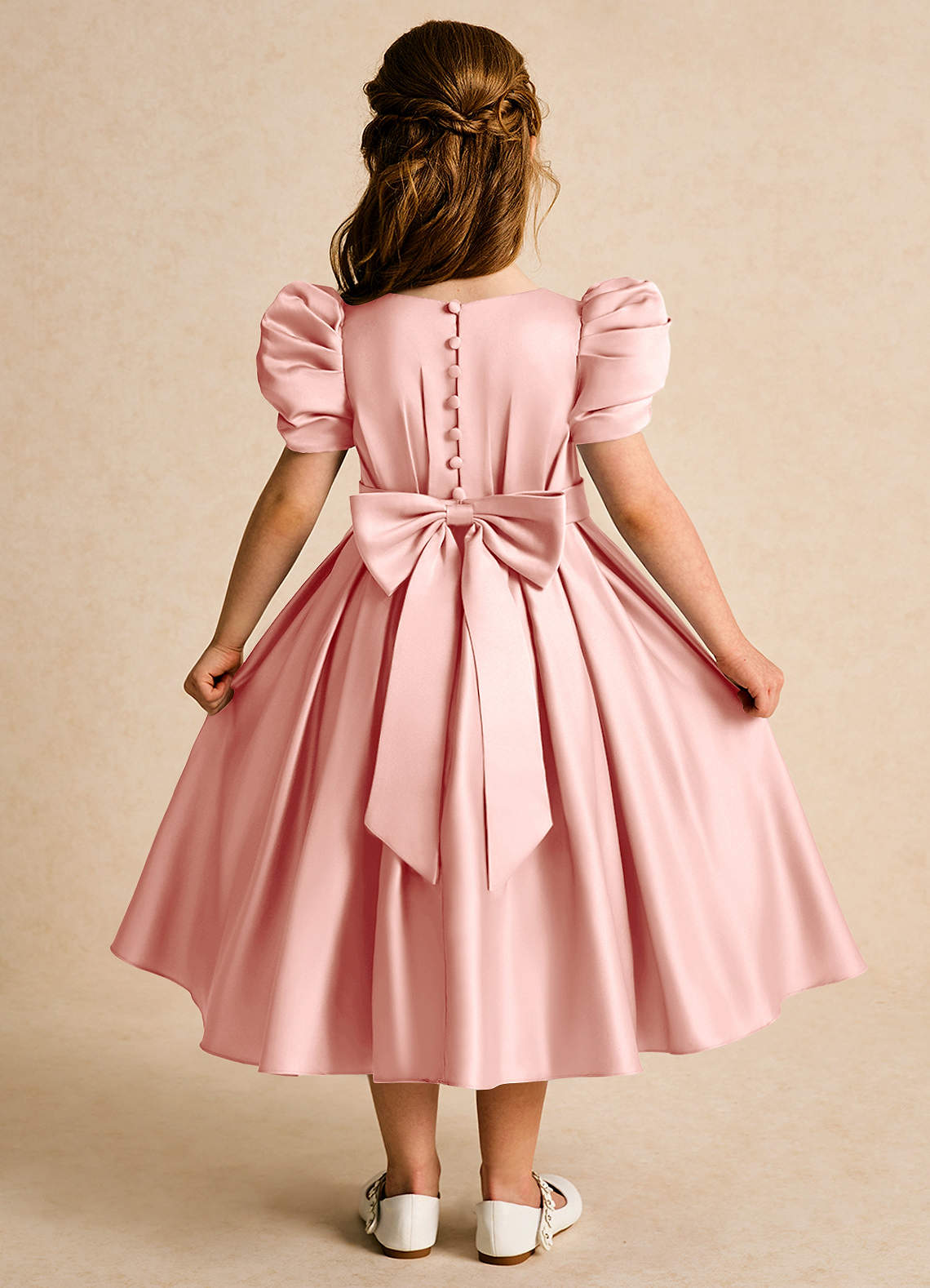 Azazie Miriam Blumenmädchenkleider Ballkleid Plissee Matte Satin Kleid Rosettenrosa image1
