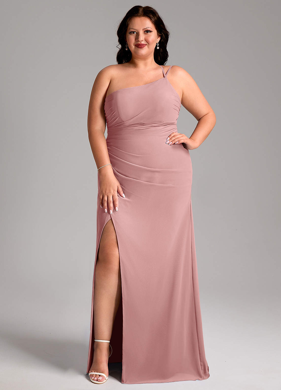 Azazie Eren Jurken voor bruidsmeisjes Jurk van Chiffon met Kolom One-Shoulder Stoffige Roos image1