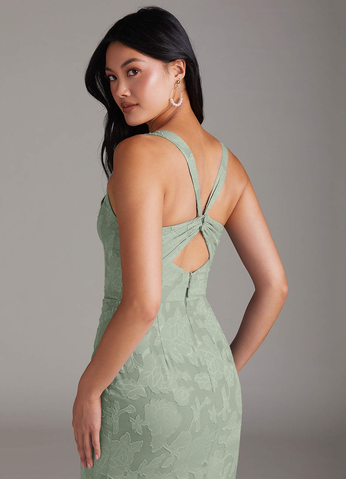 Azazie Mero Bridesmaid Dresses Agave Sheath Pleated Floral Burnout Dress image4
